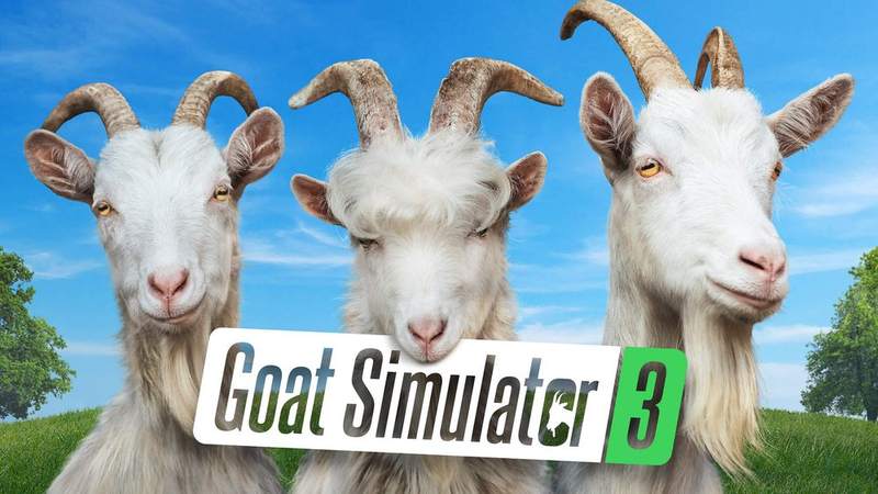 模拟山羊主视觉：三只白色山羊与 Goat Simulator 标志